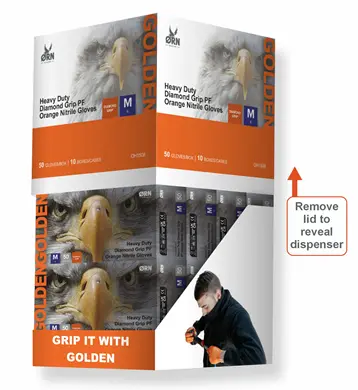 Golden Dispenser Carton For Retail Display - 1 Per Case (Empty Carton only, gloves not included)