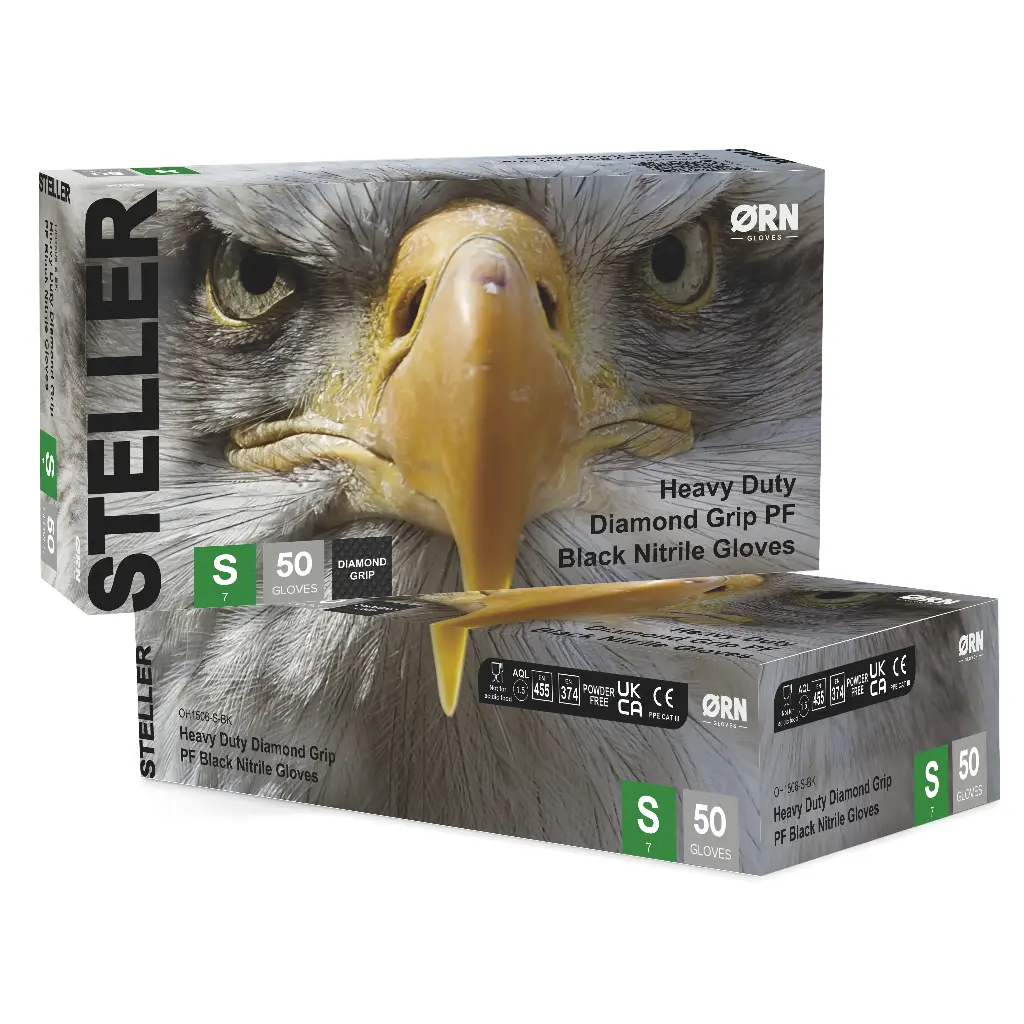 Steller Black Heavy Duty Diamond Grip Nitrile Box 50, 8.0g - 1 Case (10 Boxes of 50)