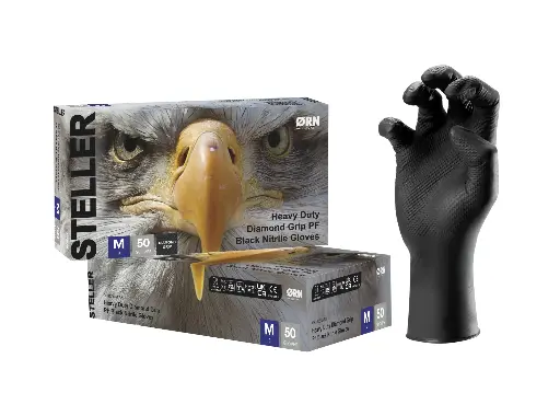Steller Black Heavy Duty Diamond Grip Nitrile Box 50, 8.0g - 1 Case (10 Boxes of 50)