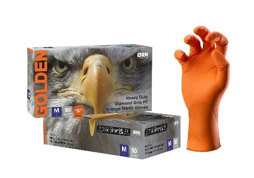 Golden Orange Heavy Duty Diamond Grip Nitrile Box 50, 8.0g - 1 Case (10 Boxes of 50)